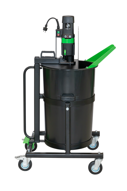 A black and green industrial leveller mixing station with a large container on wheels, featuring a handle and a hose attachment.