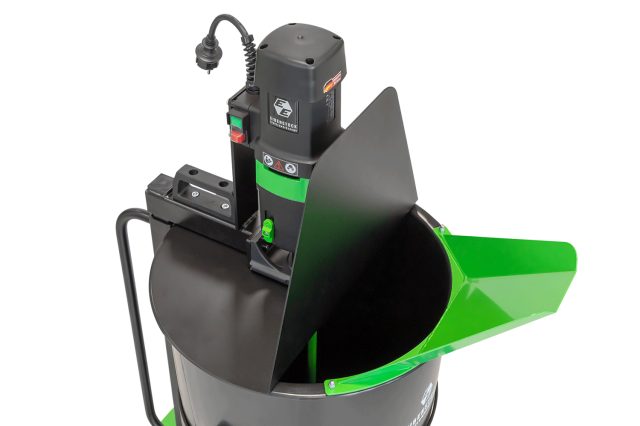 A green and black electric mixer with a bowl attachment, designed for mixing materials.