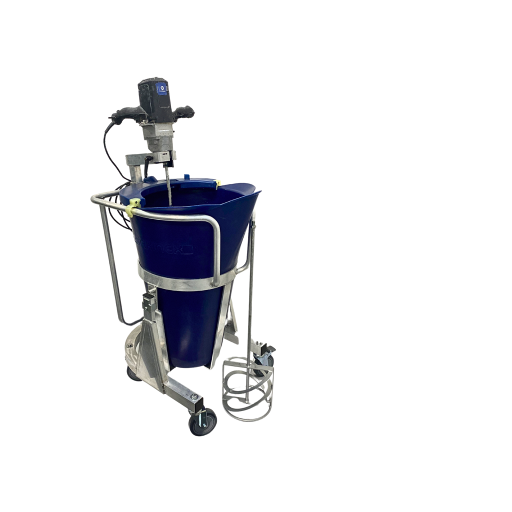A blue mixing machine with a large bowl, mounted on a wheeled metal frame. The machine has an attached motor and a handle for mobility.
