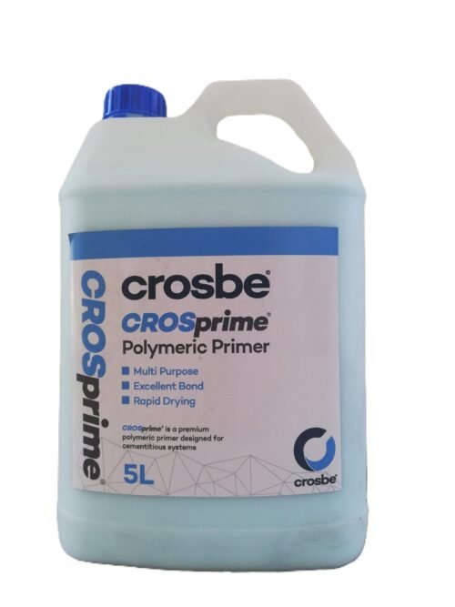 Container of Crosbe Crosprime Polymer Primer, 5 liters, with labels indicating it is multi-purpose, has excellent bond qualities, and features rapid drying properties.